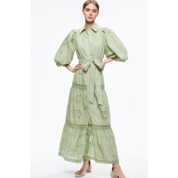 Alice + Olivia Lilly Collared Eyelet Cotton maxi Dress Belted Green tea size 2